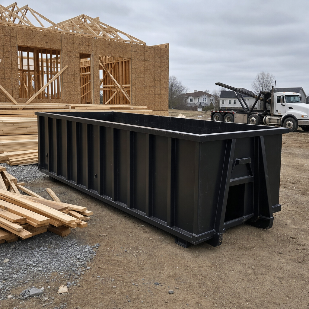 Matte-black 40-yard roll-off dumpster staged on a framed-out residential construction site in Superior, framing lumber stacked nearby, hooklift delivery truck visible in the background under bright Colorado daylight