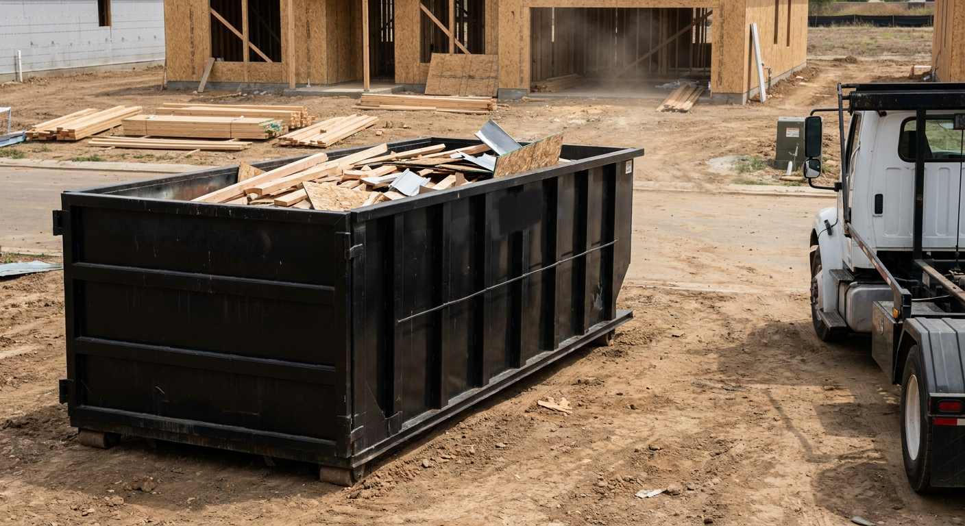 Matte-black 20-yard roll-off construction dumpster with heavy ribbed steel sidewalls and swing rear doors at a working jobsite in Superior, sitting directly on compacted dirt with an unmarked white hauler partially visible at the far edge of the frame.