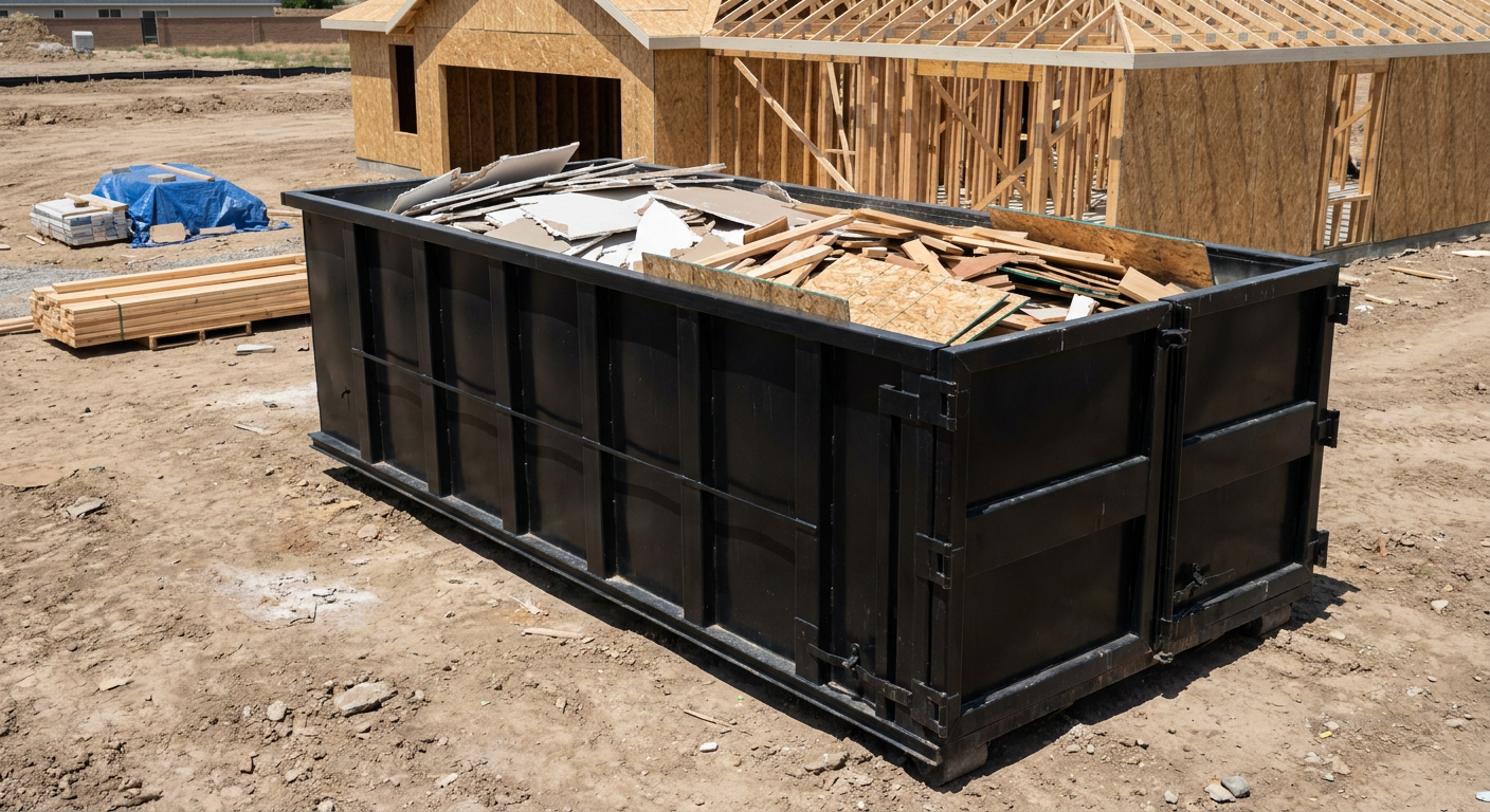 Matte-black 30-yard roll-off construction dumpster sitting directly on the compacted-dirt site of a framed single-family home build in Superior, drywall and lumber scrap loaded inside.