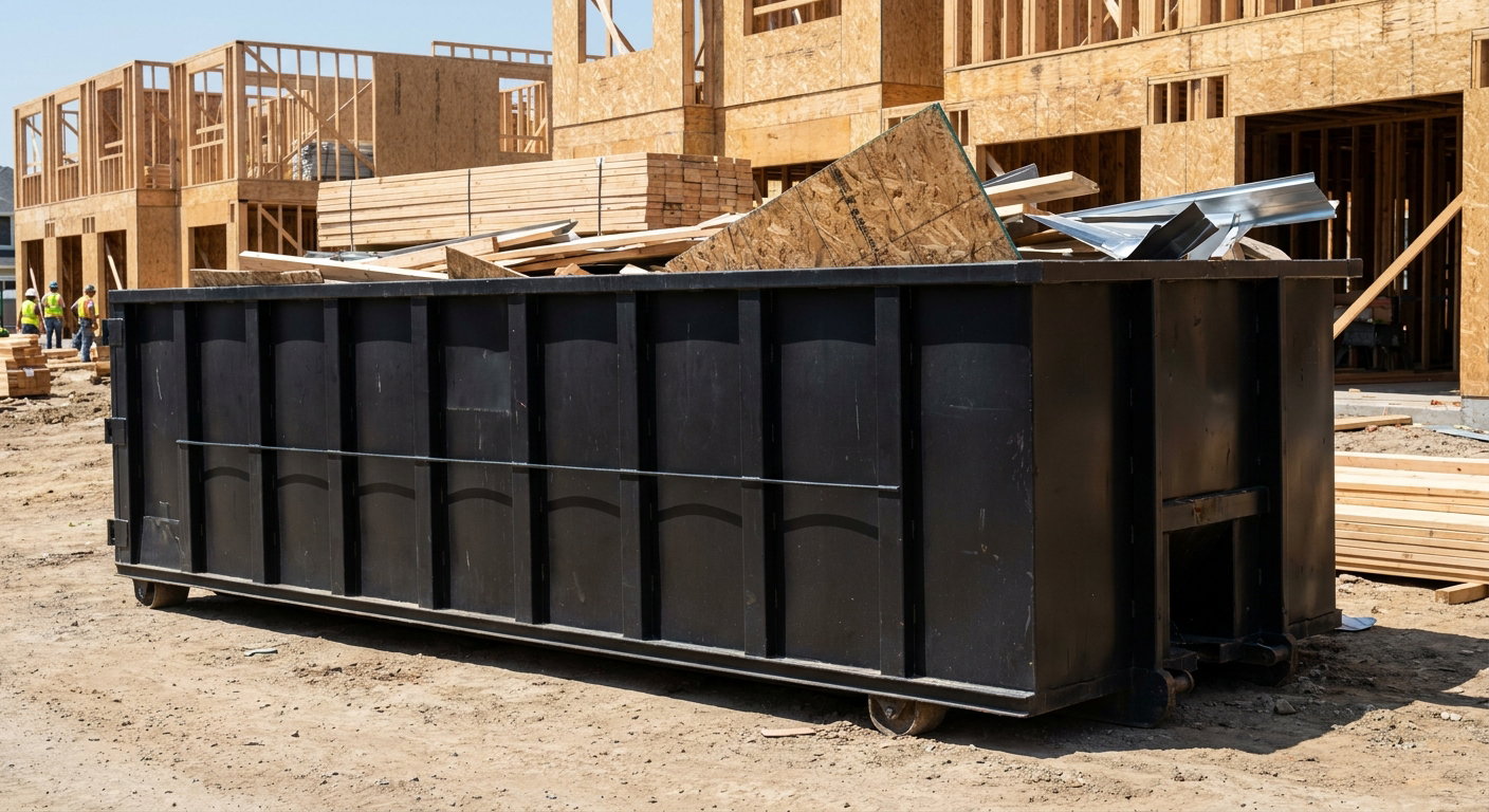 Matte-black 40-yard roll-off construction dumpster being lowered from a white-cab hooklift delivery truck onto the compacted-dirt jobsite at a commercial build site in Superior