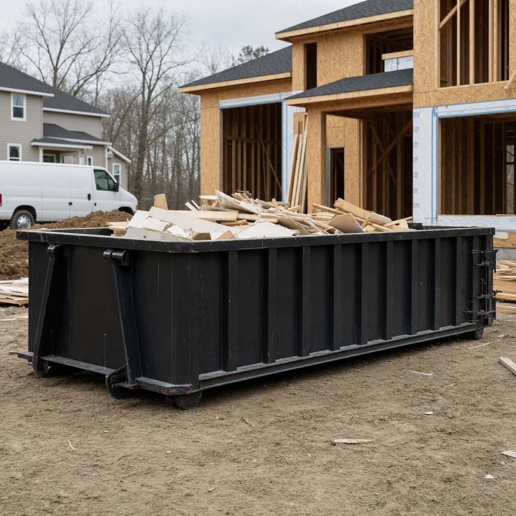 Worker in a yellow high-visibility vest tossing framing lumber and broken drywall into a matte-black 30-yard construction roll-off dumpster on an active build site in Superior, bright daylight