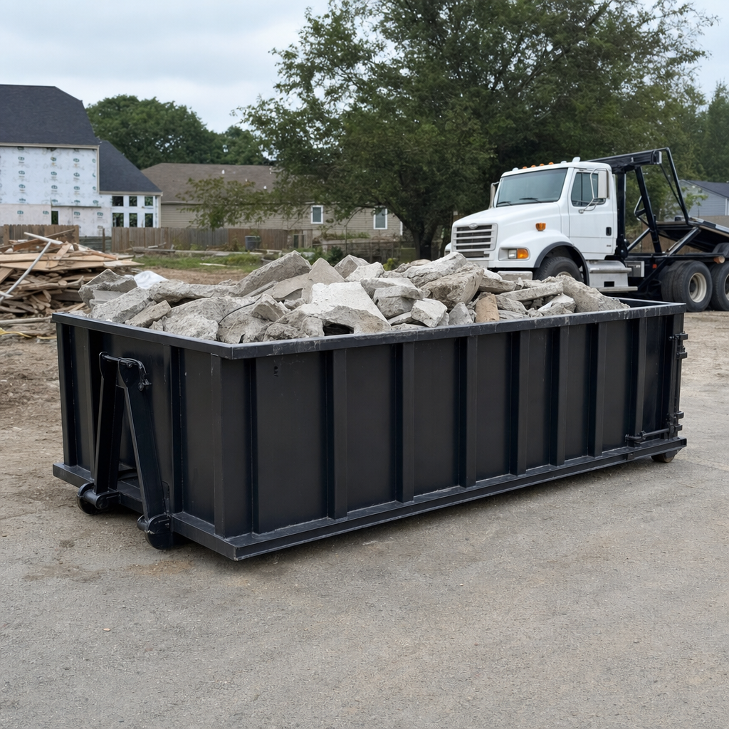Low-profile matte-black lowboy roll-off dumpster loaded with broken concrete slab and rebar at a foundation tear-out in Superior, skid steer parked beside it, sunny Colorado morning