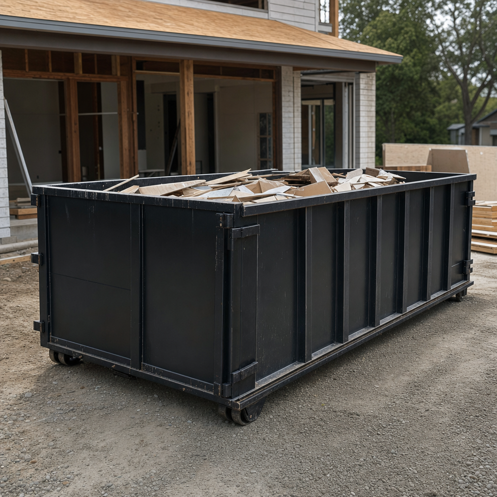 Large matte-black 30-yard construction roll-off dumpster at an active Superior jobsite, steel-gray top rails and bottom rollers visible, loaded with construction debris.