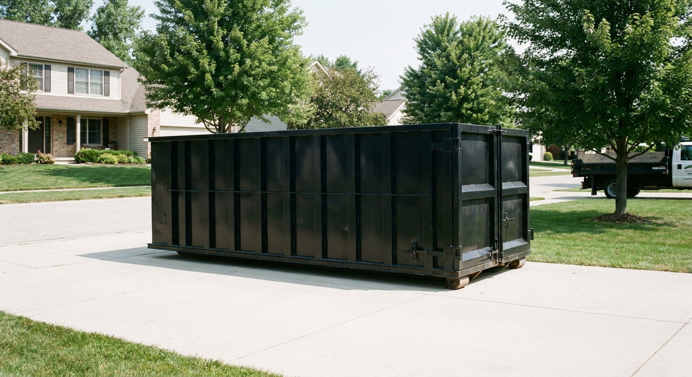 Matte-black 20-yard roll-off dumpster sitting level on a clean Superior residential concrete driveway under bright daylight, demonstrating clean placement directly on the concrete.