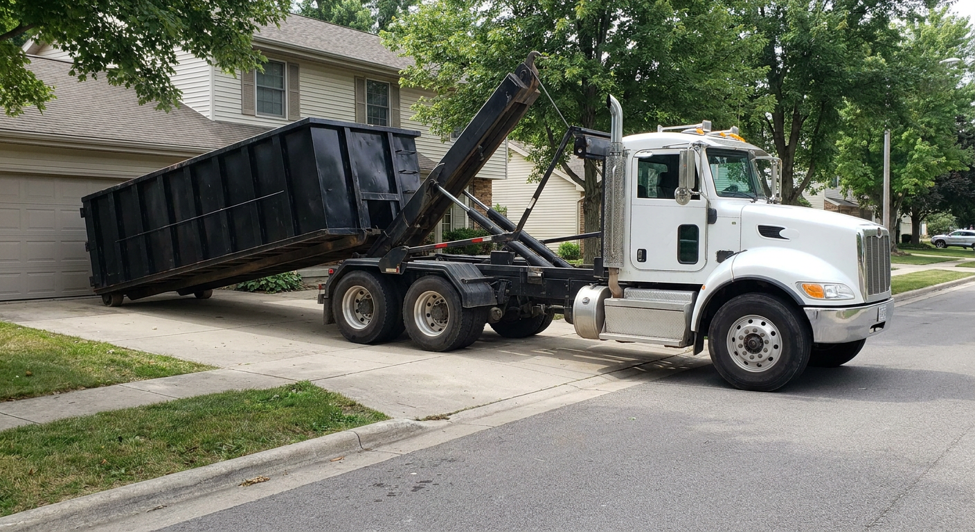 White-cab hooklift roll-off truck actively lowering a matte-black dumpster onto a Superior residential concrete driveway, the dumpster's rear wheels touching the driveway as the hoist arm tilts the bed forward, mid-morning daylight.