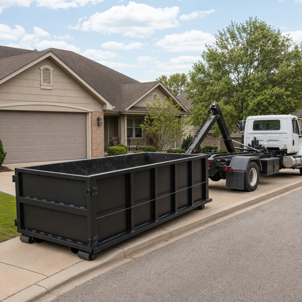 Wide documentary shot of a matte-black roll-off dumpster on a Superior residential driveway in the foreground and a contractor jobsite container in the soft-focus background, bright daylight, calm and orderly composition.