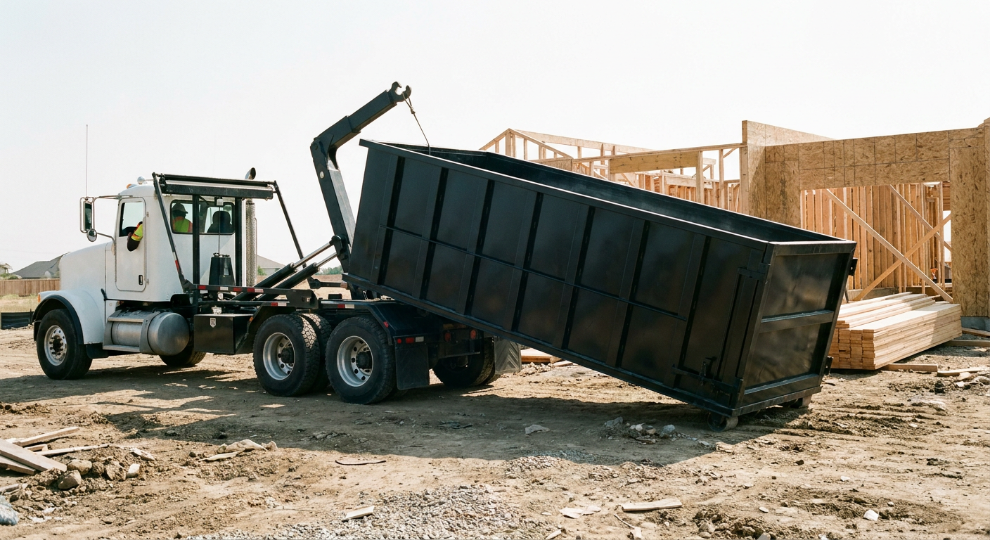 Matte-black roll-off dumpster being delivered onto a clean residential concrete driveway in Superior by an unmarked white hooklift hauler truck, bright morning daylight, documentary 35mm perspective.