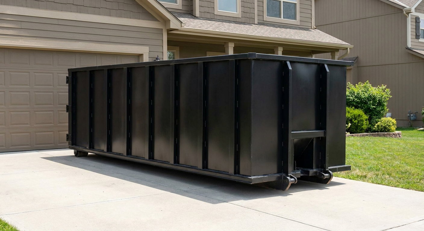 Matte-black residential roll-off dumpster sitting directly on a suburban Superior concrete driveway, garage door closed, single-family home in background, bright morning daylight.