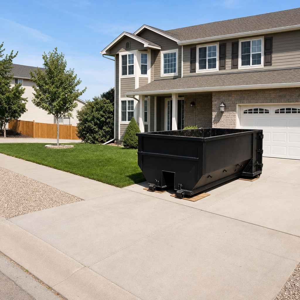 10-yard matte-black residential dumpster placed directly on a narrow Superior concrete driveway, room remains for a parked sedan beside it, mid-morning natural light