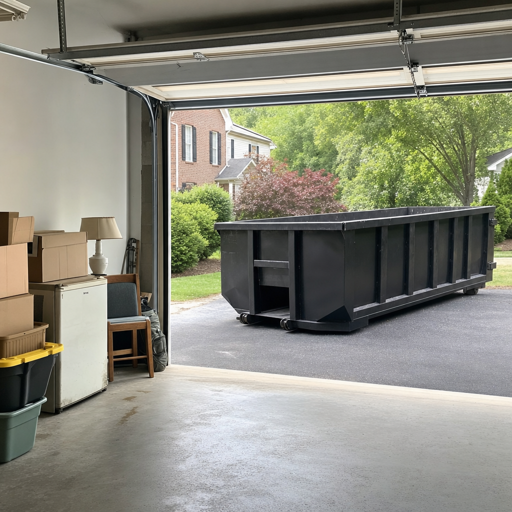 Open garage interior in a Superior home mid-cleanout — boxed items, an old appliance, and stacked yard tools queued near the driveway for a matte-black roll-off dumpster, organized and calm
