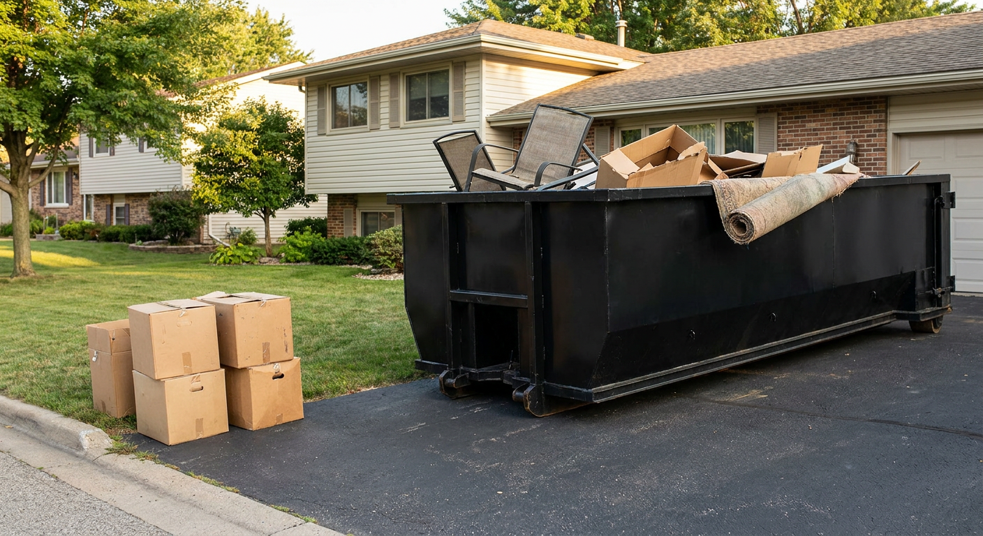 Front-yard view of a Superior split-level home with a 20-yard matte-black roll-off dumpster sitting directly on the asphalt driveway, a few clearly labeled donation boxes staged at the curb, calm sunny afternoon.