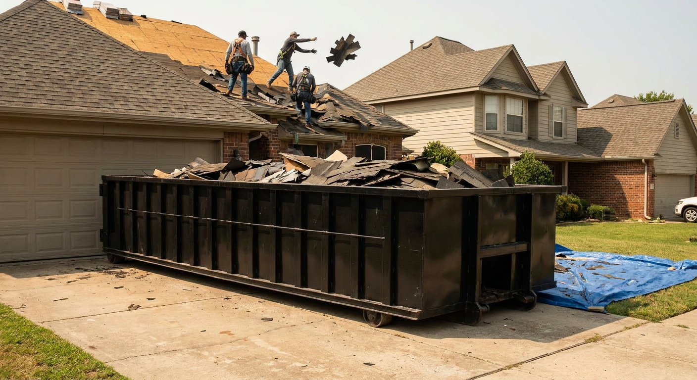 Matte-black roofing roll-off dumpster placed directly on a Superior residential concrete driveway, a tear-off crew on a two-story asphalt-shingle roof tossing shingle bundles into the low-walled container, bright daylight, documentary 35mm perspective.
