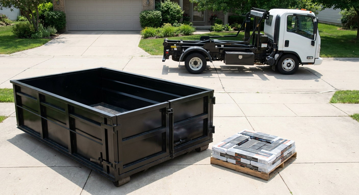 Matte-black 15-yard roofing roll-off dumpster with reinforced low side walls sitting directly on a Superior residential concrete driveway, three-tab asphalt shingle bundles stacked nearby, an unmarked white hauler truck partially visible at the edge of the frame.