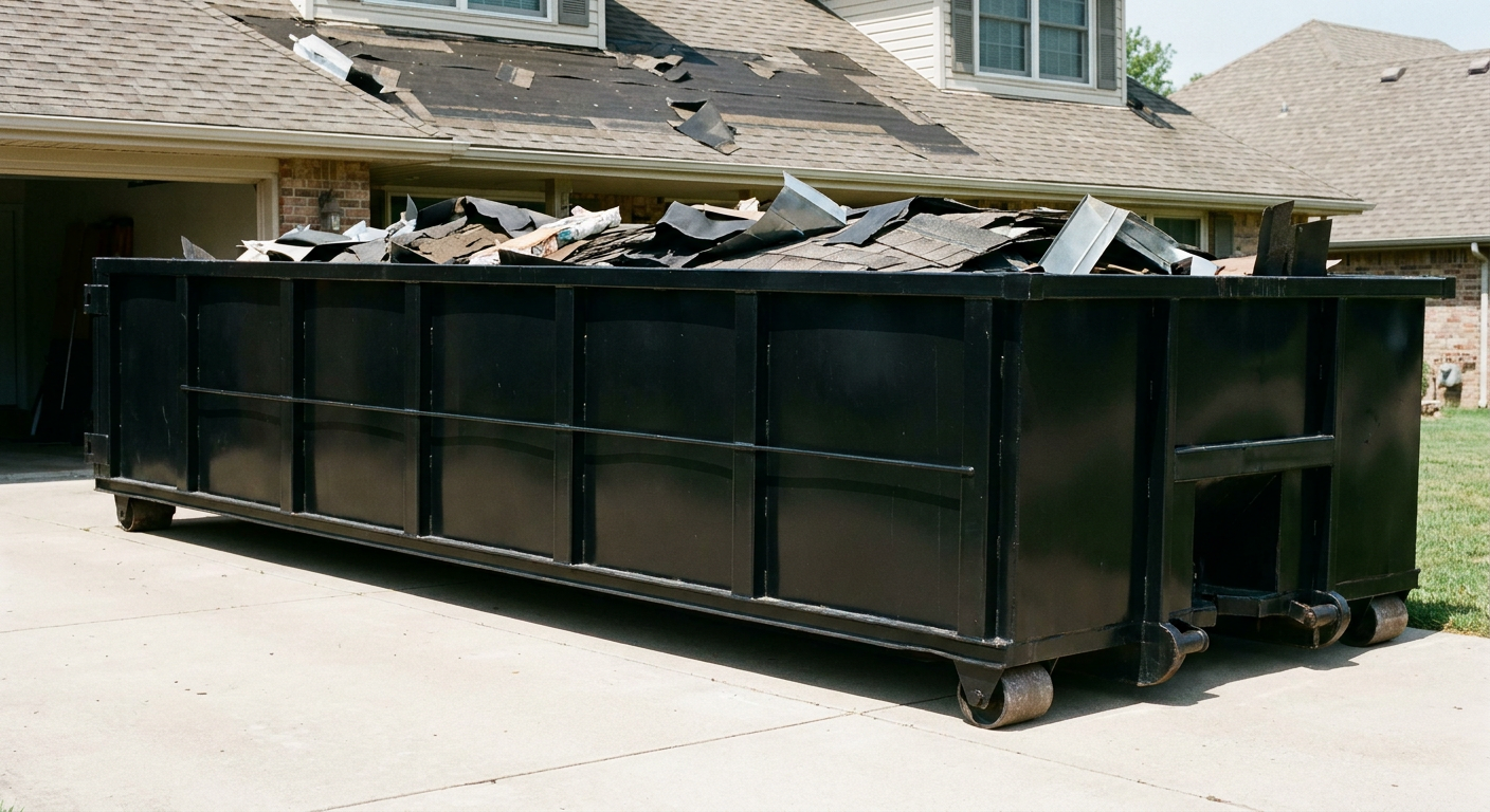 Matte-black 20-yard roofing roll-off dumpster with steel ribbed sides and swinging rear door, sitting directly on the concrete driveway of a two-story Superior home, asphalt shingle debris being loaded over the low wall, clean documentary lighting.