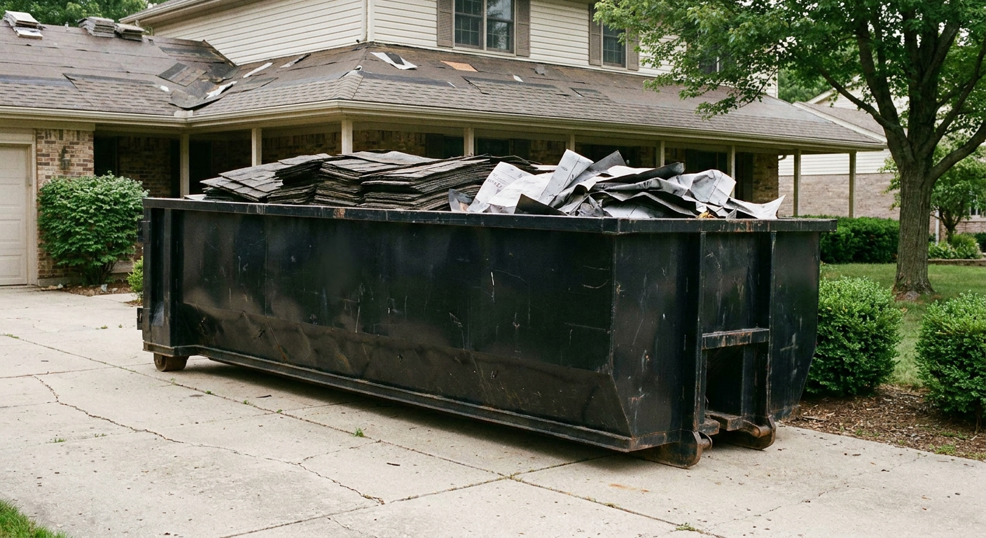 Matte-black 30-yard roofing roll-off dumpster sitting directly on a Superior concrete driveway, taller ribbed steel side panels, mixed tear-off debris of asphalt shingles and underlayment inside, professional documentary daylight.