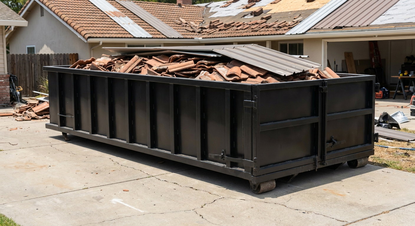 Matte-black low-wall heavy-debris roofing roll-off dumpster sitting directly on a Superior concrete driveway, broken concrete clay roof tiles and metal panel sections loaded inside, reinforced ribbed steel side walls visible, bright outdoor daylight.