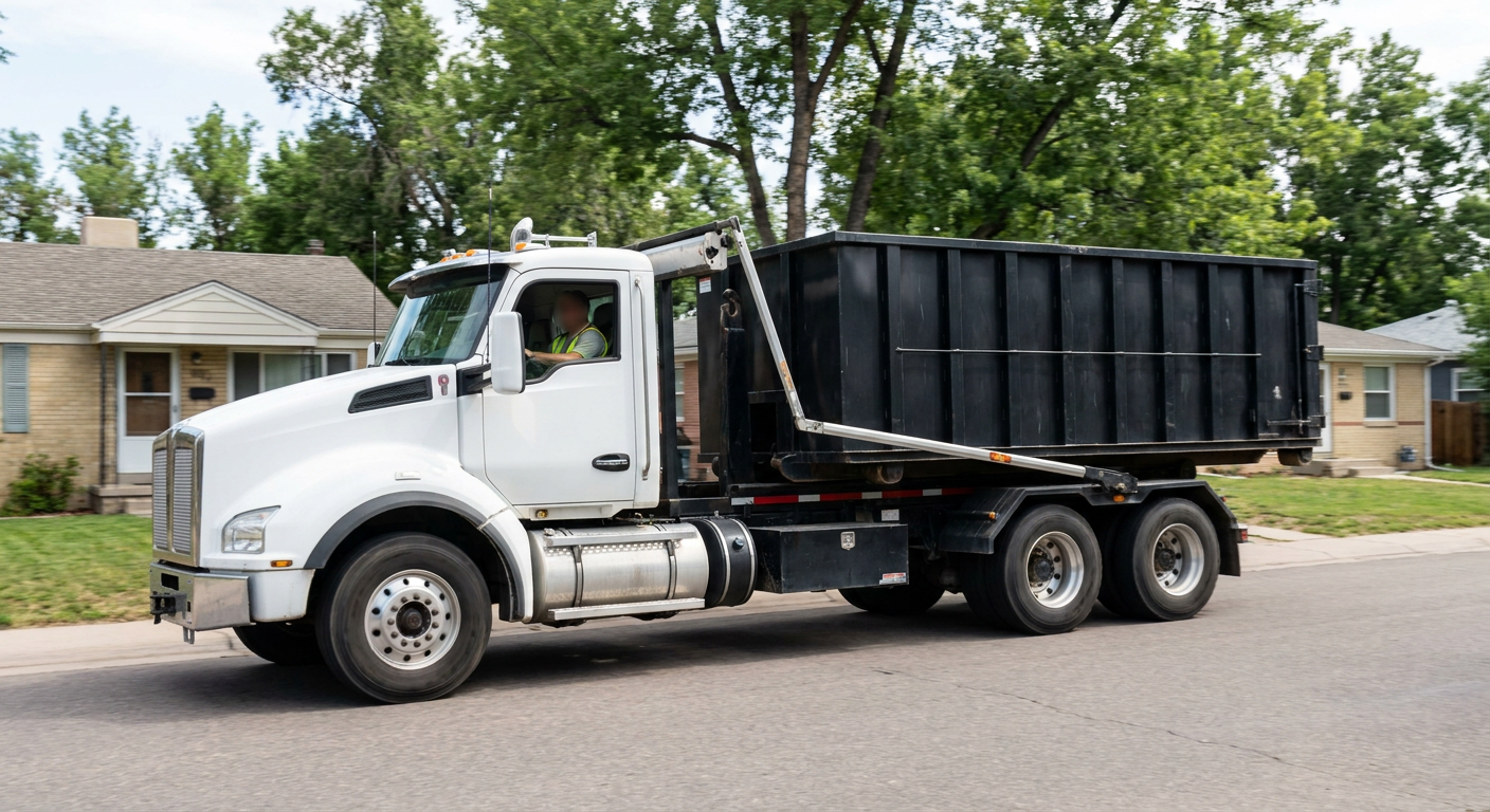 A wide documentary shot of a matte-black roll-off delivery truck pulling onto a quiet Superior residential street at mid-morning, with neighborhood rooftops and tree-lined blocks visible behind, showing the metro coverage footprint.