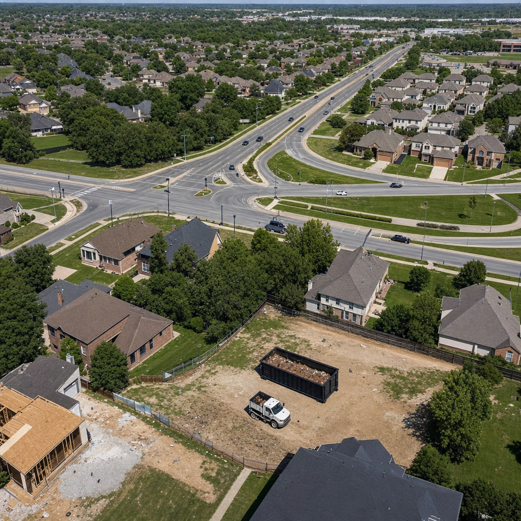 An overhead documentary view of the Superior metro area at midday, showing the spread of neighborhoods, arterial roads, and the dispatch radius from a central yard — clean daylight, organized geographic layout.