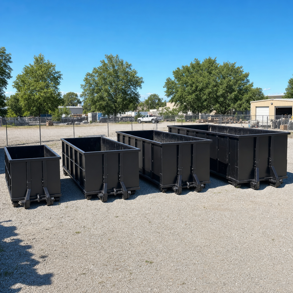 A clean lineup of matte-black roll-off dumpsters in 10, 20, 30, and 40-yard sizes staged on a sunlit gravel yard in Superior, showing the size progression from compact to commercial-scale containers.