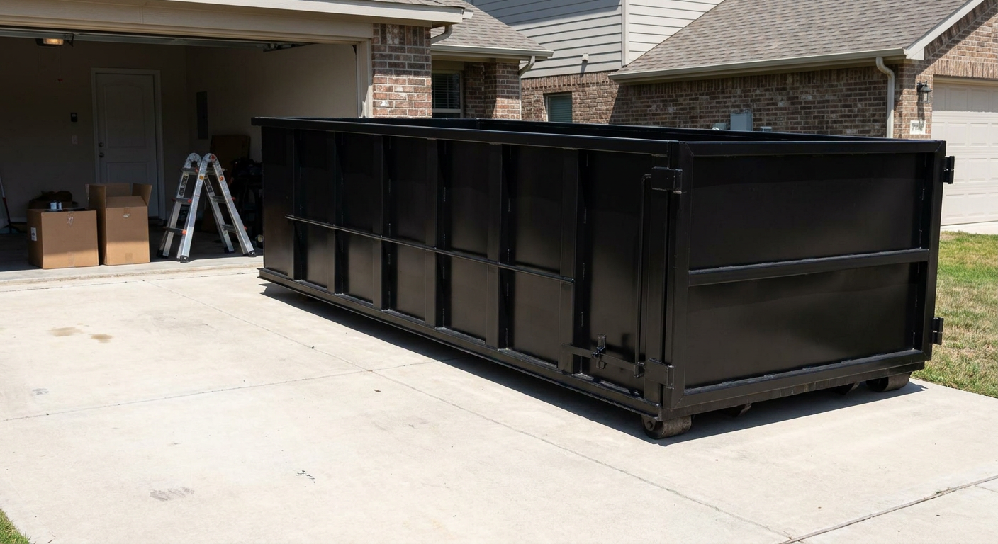 A matte-black 10-yard roll-off dumpster sitting directly on a residential Superior concrete driveway, mid-day sunlight, clean and ready for a garage cleanout.