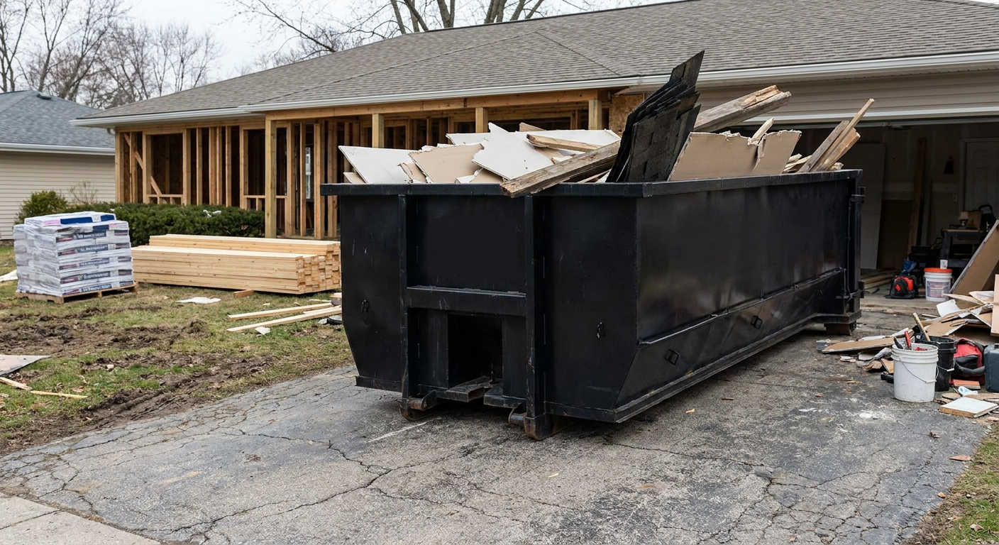 A matte-black 20-yard roll-off dumpster placed alongside a mid-renovation Superior home directly on the asphalt driveway, with framing materials and torn-off shingles staged neatly nearby.
