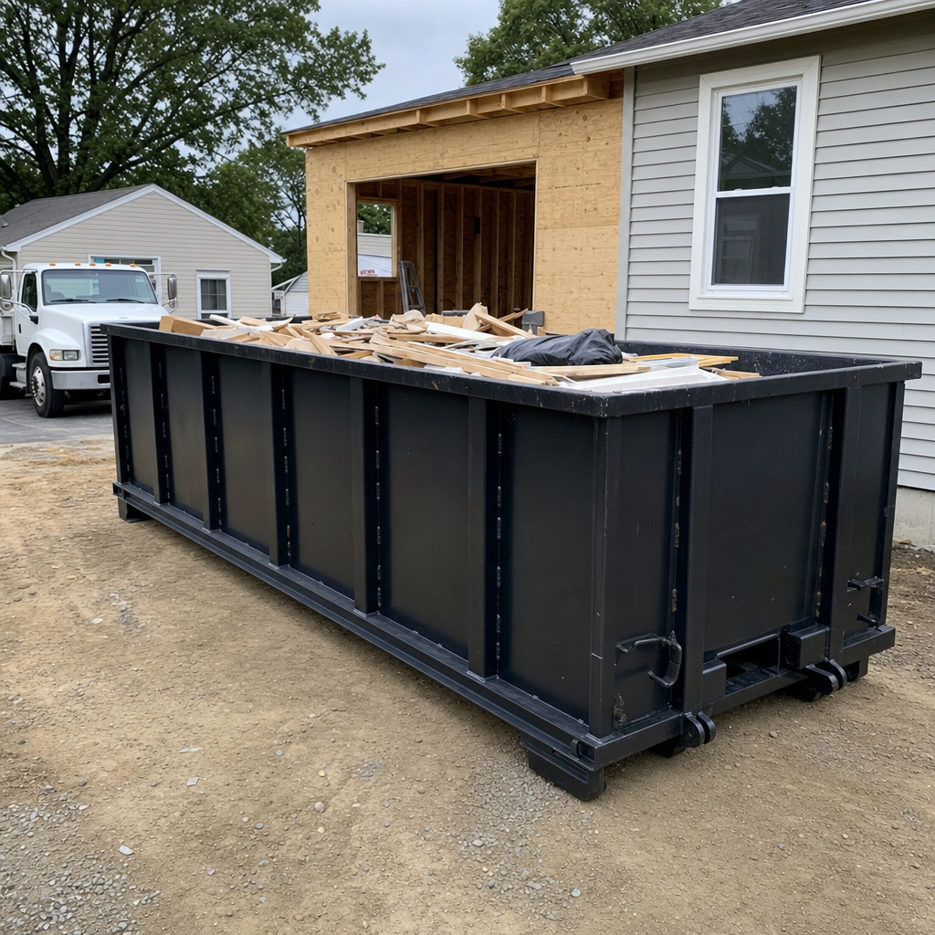 A matte-black 30-yard roll-off dumpster positioned at a Superior residential addition jobsite, with framing lumber and drywall scraps loaded through the open swinging rear doors.