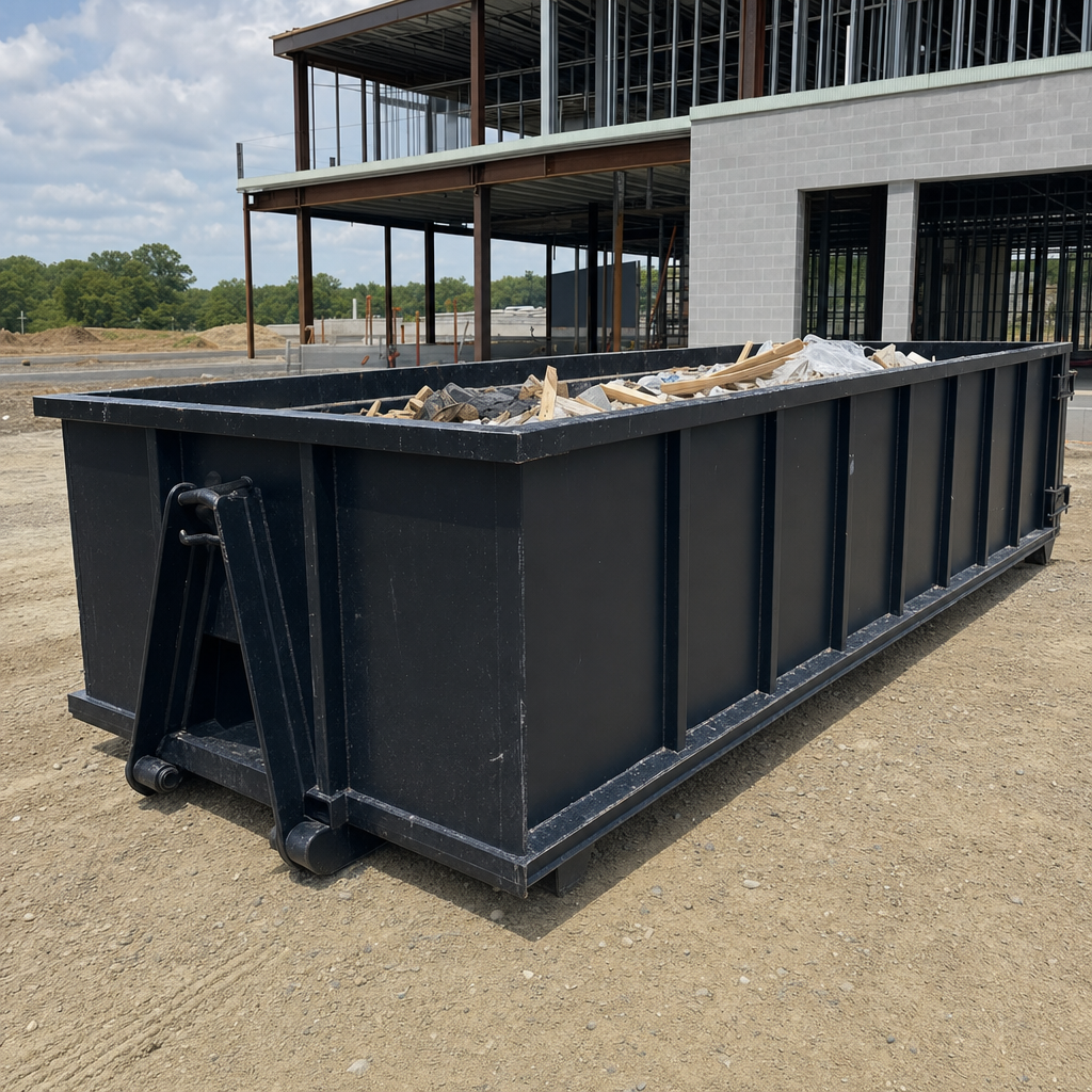 A matte-black 40-yard roll-off dumpster staged on a large Superior commercial construction lot, with a hooklift delivery truck parked alongside under bright midday sky.