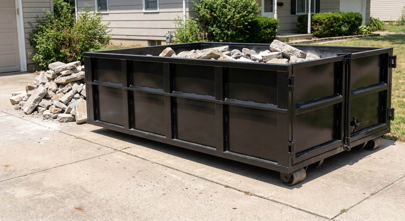 A matte-black low-side heavy-debris roll-off dumpster placed directly on a Superior concrete driveway, with broken concrete chunks neatly stacked beside it under clean daylight.